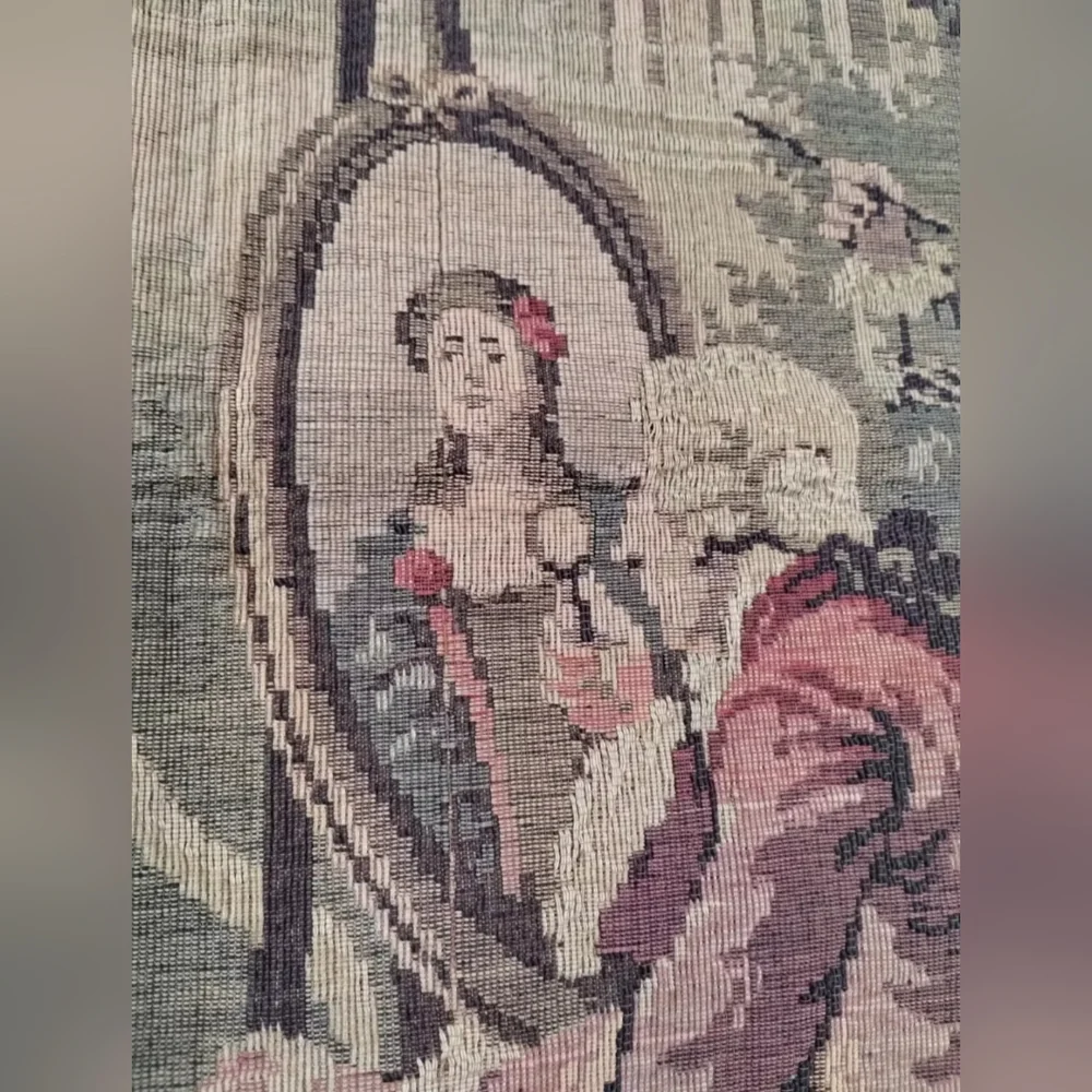 Antique Woven Tapestry Wall Hanging Romantic Baroque Painting Scene Belgium Wool